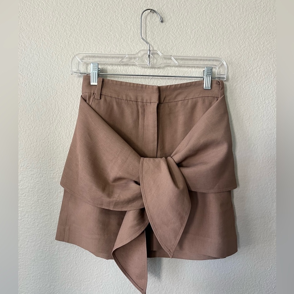 TIBI Removeable Tie Mini Linen Skirt in Camel Tan Women's Size 0